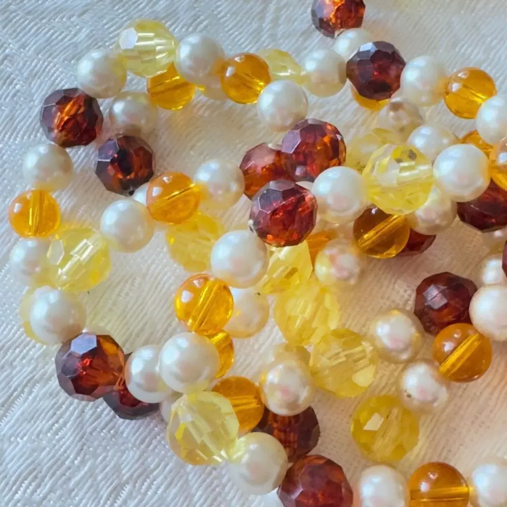 26” Acrylic Honey Yellow and Brown Beaded Necklace Faux Pearl Spacers VNTG 60’s